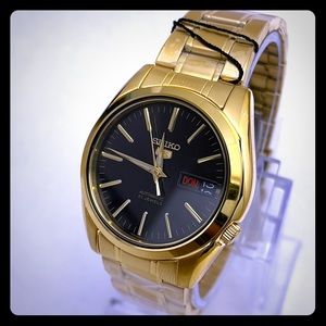 New Seiko 5 Gold Automatic Black Dial Men, s Watch
